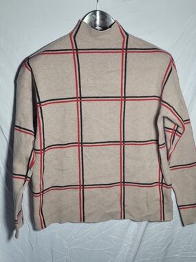 Tahari Beige Windowpane Turtleneck Sweater with Red and Black Stripes